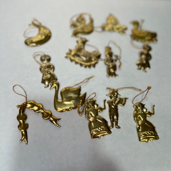 Brass Christmas Ornaments Set Of 12 Folk-Inspired Designs With Gold String Hange - Picture 5 of 6